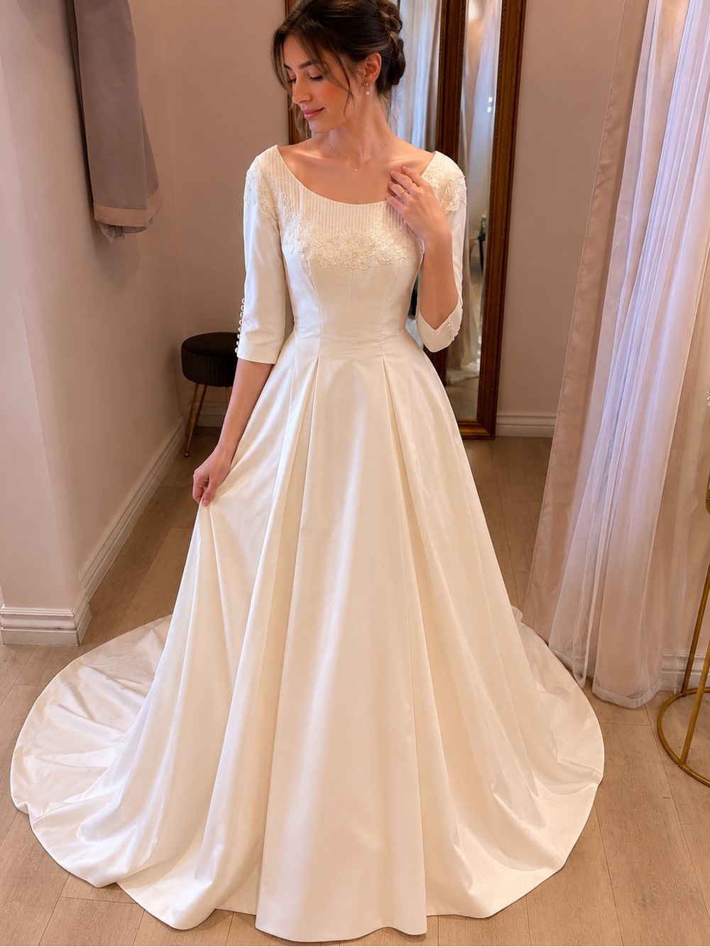 Vintage 1949 White Satin Wedding Dress with Three-Quarter Sleeves